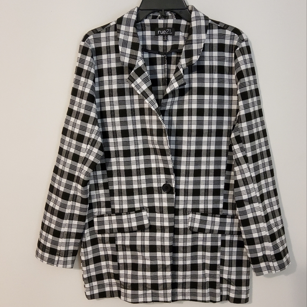 Rue 21 Plaid Print Black And White Long Sleeve Blazer Jacket Size M - Picture 1 of 9